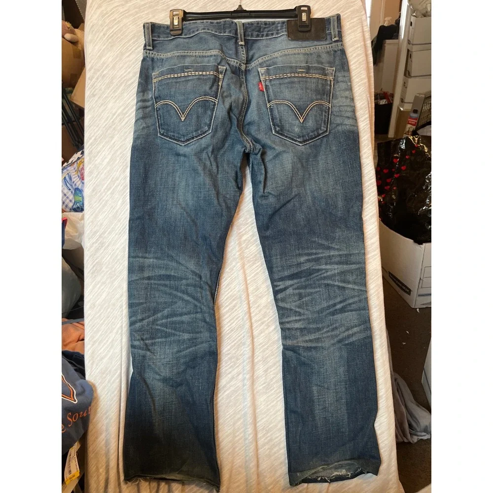 Levis Straight Leg Jeans Medium Wash Distressed Thick Stitch Blue TPR9 34x34‎
